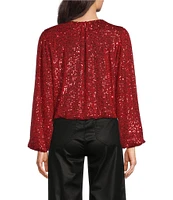 Reba Woven Mesh Sequin Ruched Crew Neck Long Peasant Sleeve Back Keyhole Blouse