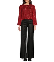 Reba Woven Mesh Sequin Ruched Crew Neck Long Peasant Sleeve Back Keyhole Blouse