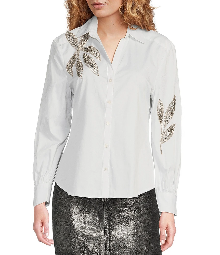 Reba Woven Poplin Sequin Embroidered Point Collar Dropped Long Sleeve Shirttail Button Down Shirt