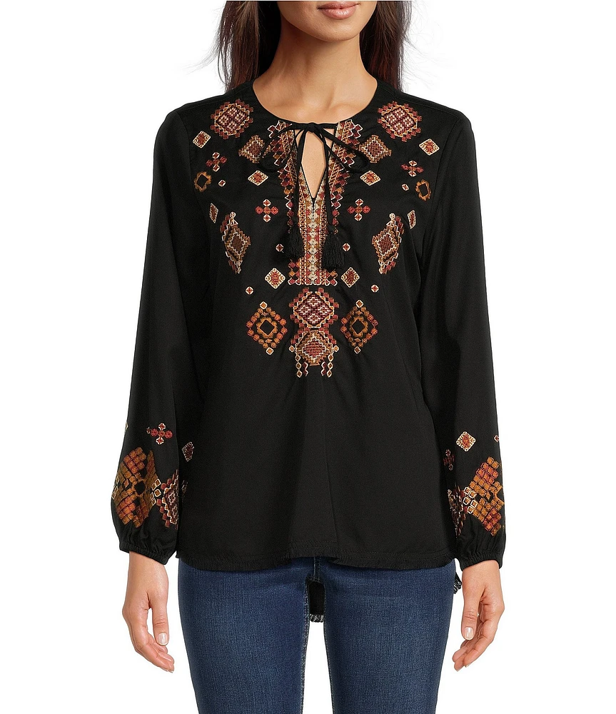 Reba Woven Tencel Geometric Embroidery Tie Neck Long Sleeve Hi-Low Peasant Blouse