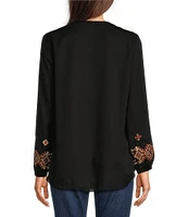 Reba Woven Tencel Geometric Embroidery Tie Neck Long Sleeve Hi-Low Peasant Blouse