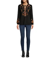 Reba Woven Tencel Geometric Embroidery Tie Neck Long Sleeve Hi-Low Peasant Blouse