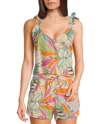 Rip Curl Vadella Tropical Palm Print Tie Straps Coordinating Cropped Tank Top