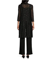 R & M Richards Sequin Glitter Scalloped Lace Scoop Neck 3/4 Sleeve 3-Piece Duster Pant Set