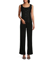 R & M Richards Sequin Glitter Scalloped Lace Scoop Neck 3/4 Sleeve 3-Piece Duster Pant Set