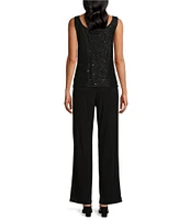 R & M Richards Sequin Glitter Scalloped Lace Scoop Neck 3/4 Sleeve 3-Piece Duster Pant Set