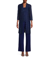 R & M Richards Sequin Glitter Scalloped Lace Scoop Neck 3/4 Sleeve 3-Piece Duster Pant Set