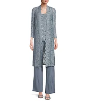 R & M Richards Sequin Glitter Scalloped Lace Scoop Neck 3/4 Sleeve 3-Piece Duster Pant Set