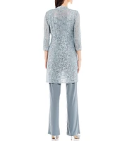 R & M Richards Sequin Glitter Scalloped Lace Scoop Neck 3/4 Sleeve 3-Piece Duster Pant Set
