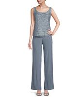 R & M Richards Sequin Glitter Scalloped Lace Scoop Neck 3/4 Sleeve 3-Piece Duster Pant Set