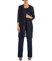 R & M Richards Sequin Glitter Scalloped Lace Scoop Neck 3/4 Sleeve 3-Piece Duster Pant Set