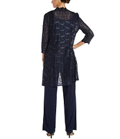 R & M Richards Sequin Glitter Scalloped Lace Scoop Neck 3/4 Sleeve 3-Piece Duster Pant Set