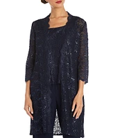 R & M Richards Sequin Glitter Scalloped Lace Scoop Neck 3/4 Sleeve 3-Piece Duster Pant Set