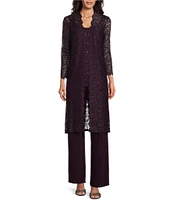 R & M Richards Sequin Glitter Scalloped Lace Scoop Neck 3/4 Sleeve 3-Piece Duster Pant Set