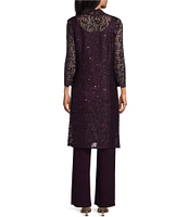 R & M Richards Sequin Glitter Scalloped Lace Scoop Neck 3/4 Sleeve 3-Piece Duster Pant Set