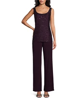 R & M Richards Sequin Glitter Scalloped Lace Scoop Neck 3/4 Sleeve 3-Piece Duster Pant Set