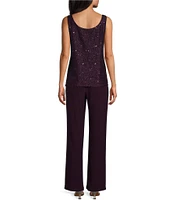 R & M Richards Sequin Glitter Scalloped Lace Scoop Neck 3/4 Sleeve 3-Piece Duster Pant Set