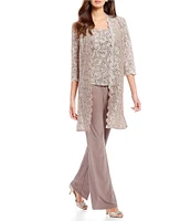 R & M Richards Sequin Glitter Scalloped Lace Scoop Neck 3/4 Sleeve 3-Piece Duster Pant Set