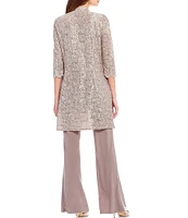 R & M Richards Sequin Glitter Scalloped Lace Scoop Neck 3/4 Sleeve 3-Piece Duster Pant Set