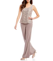 R & M Richards Sequin Glitter Scalloped Lace Scoop Neck 3/4 Sleeve 3-Piece Duster Pant Set