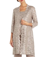 R & M Richards Sequin Glitter Scalloped Lace Scoop Neck 3/4 Sleeve 3-Piece Duster Pant Set