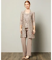 R & M Richards Sequin Glitter Scalloped Lace Scoop Neck 3/4 Sleeve 3-Piece Duster Pant Set