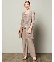 R & M Richards Sequin Glitter Scalloped Lace Scoop Neck 3/4 Sleeve 3-Piece Duster Pant Set