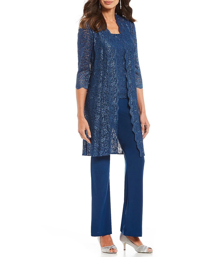 R & M Richards Sequin Glitter Scalloped Lace Scoop Neck 3/4 Sleeve 3-Piece Duster Pant Set
