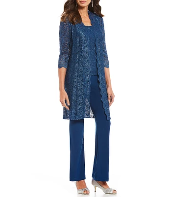 R & M Richards Sequin Glitter Scalloped Lace Scoop Neck 3/4 Sleeve 3-Piece Duster Pant Set