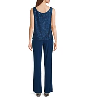 R & M Richards Sequin Glitter Scalloped Lace Scoop Neck 3/4 Sleeve 3-Piece Duster Pant Set