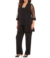 R & M Richards Plus Size Scoop Neck 3/4 Sleeve Beaded Detail Top & Sheer Knit Jacket 2-Piece Pull-On Pant Set