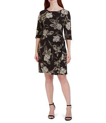 Robbie Bee 3/4 Sleeve Round Neck Floral Print Metallic Sheath Dress