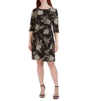 Robbie Bee 3/4 Sleeve Round Neck Floral Print Metallic Sheath Dress