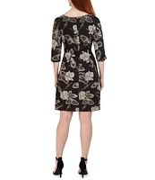 Robbie Bee 3/4 Sleeve Round Neck Floral Print Metallic Sheath Dress