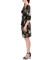 Robbie Bee 3/4 Sleeve Round Neck Floral Print Metallic Sheath Dress