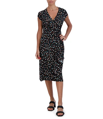 Robbie Bee Petite Size Cap Sleeve V-Neck Polka Dot Midi Dress