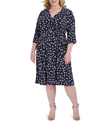 Robbie Bee Plus Size Floral Print 3/4 Sleeve Surplice V-Neck Faux Wrap Dress