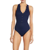 ROBIN PICCONE Amy Solid High V-Neck Open Back One Piece Swimsuit