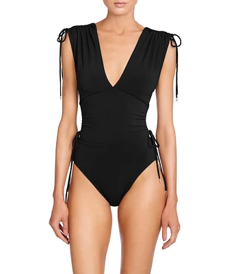 ROBIN PICCONE Aubrey Solid Flattering Plunge V-Neck Tummy Control One Piece Swimsuit