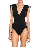 ROBIN PICCONE Aubrey Solid Flattering Plunge V-Neck Tummy Control One Piece Swimsuit