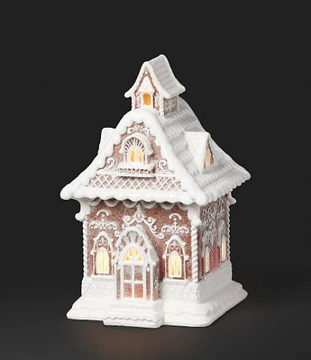 Roman 10.5#double; White and Brown Gingerbread House LED Christmas Tabletop Decor