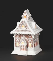 Roman 10.5#double; White and Brown Gingerbread House LED Christmas Tabletop Decor