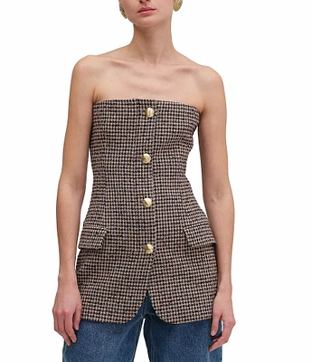 RONNY KOBO Spencer Wool Blend Houndstooth Strapless Blazer Top