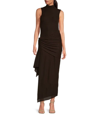 RONNY KOBO Crystal Knit Jersey Ruched Detail Mock Neck Sleeveless Side Slit Maxi Dress