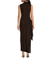 RONNY KOBO Crystal Knit Jersey Ruched Detail Mock Neck Sleeveless Side Slit Maxi Dress