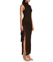 RONNY KOBO Crystal Knit Jersey Ruched Detail Mock Neck Sleeveless Side Slit Maxi Dress