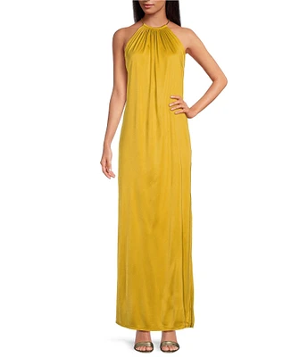 RONNY KOBO Estere Chain Gathered Halter Neck Sleeveless Side Slit Caftan Maxi Dress