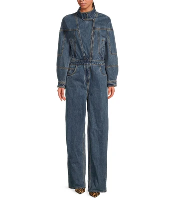 RONNY KOBO Eugene Band Collar Long Sleeve Denim Jumpsuit