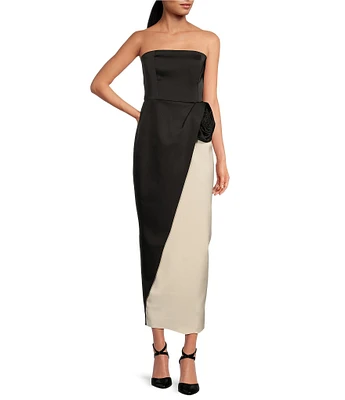 RONNY KOBO Pradova Satin Crepe Asymmetrical Color Block Rosette Strapless Sheath Midi Dress