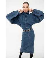 RONNY KOBO Sebastian Denim Point Collar Neck Long Dolman Sleeve Pocketed Midi Shirt Dress